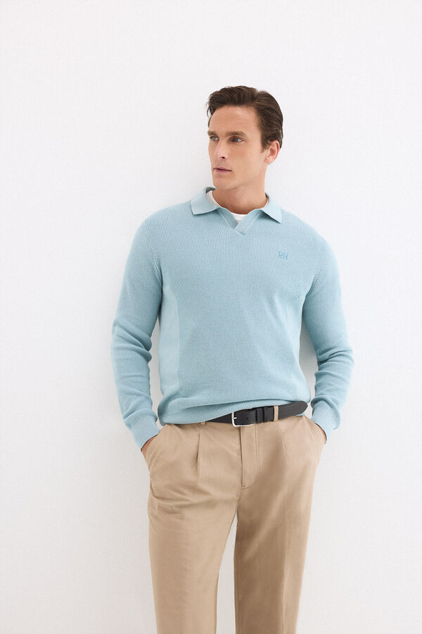 Pedro del Hierro Cotton ribbed long sleeve polo jumper Blue