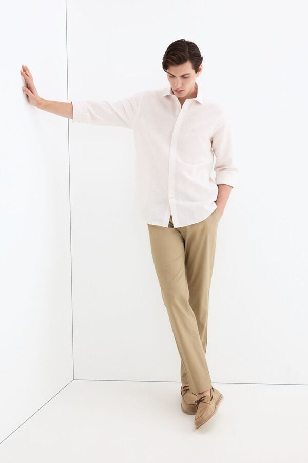 Pedro del Hierro Camisa de vestir rayas lino f&aacute;cil plancha Beige