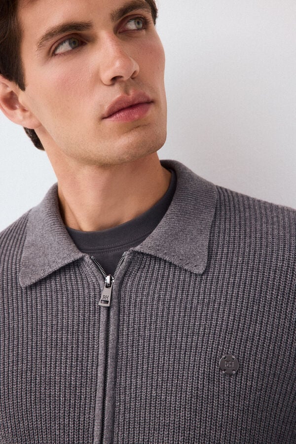 Pedro del Hierro Polo neck knit structure cardigan with zip fastening Grey