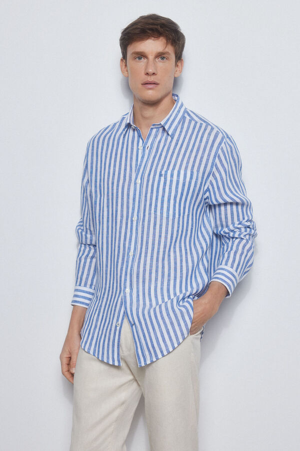 Pedro del Hierro Striped linen shirt Blue