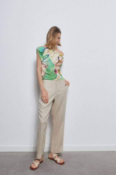 Pedro del Hierro Straight fit cropped linen trousers Beige