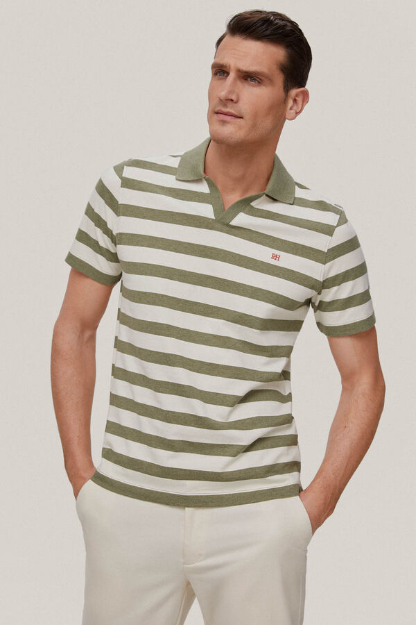 Pedro del Hierro Striped open neck polo shirt Green