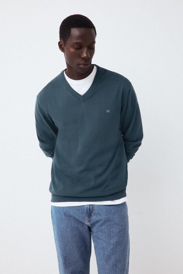 Pedro del Hierro Premium cotton fine knit V-neck jumper Green