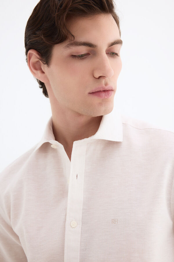 Pedro del Hierro Linen striped easy-iron dress shirt Beige