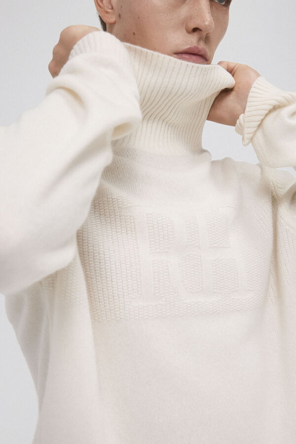 Pedro del Hierro Su&eacute;ter malha em l&atilde; com logo gola alta Ecru