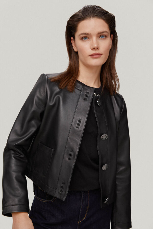 Pedro del Hierro Leather jacket with jewel buttons Black