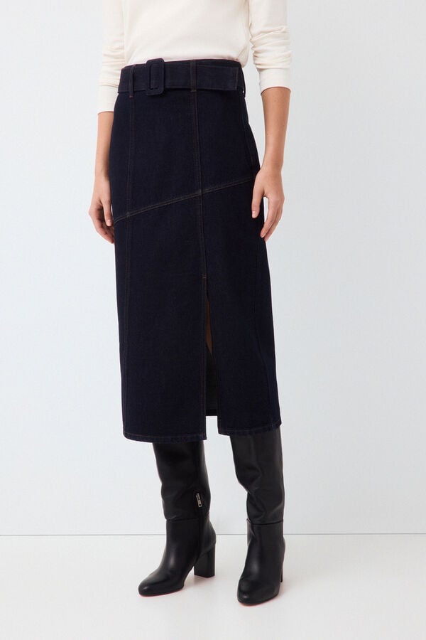 Pedro del Hierro Denim straight skirt with V-shaped cuts Blue