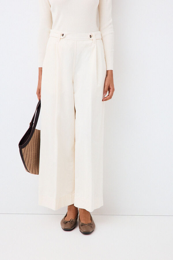 Pedro del Hierro Cal&ccedil;as wide leg cropped em bombazina Ecru