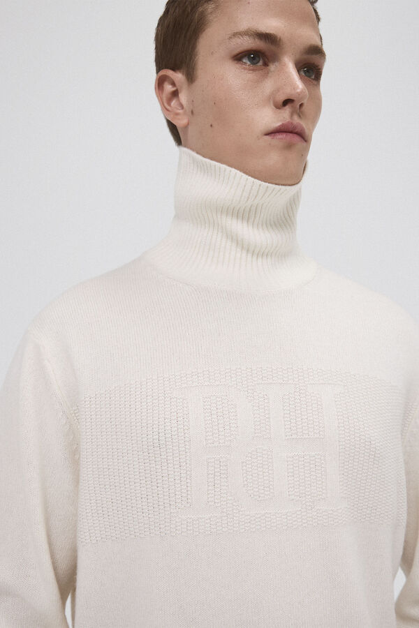Pedro del Hierro Su&eacute;ter malha em l&atilde; com logo gola alta Ecru