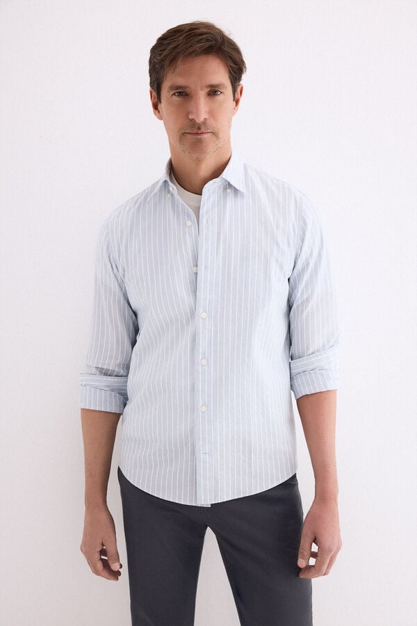 Pedro del Hierro Poplin textured striped shirt Blue