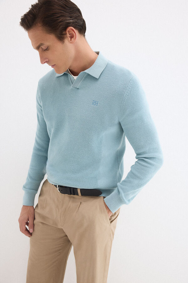 Pedro del Hierro Cotton ribbed long sleeve polo jumper Blue