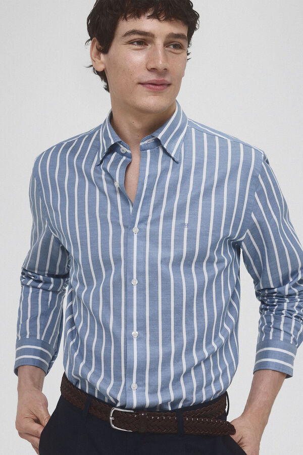 Pedro del Hierro Striped ramie cotton shirt Blue