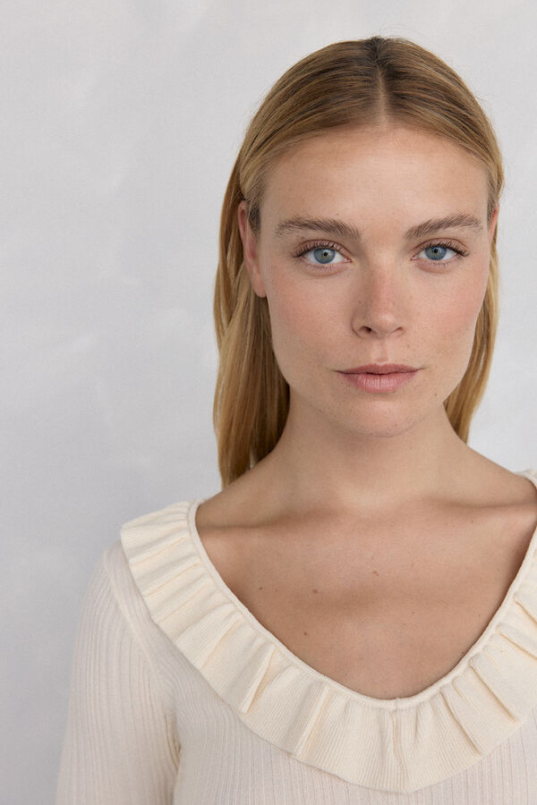 Pedro del Hierro Ribbed jersey-knit top with ruffle Ecru