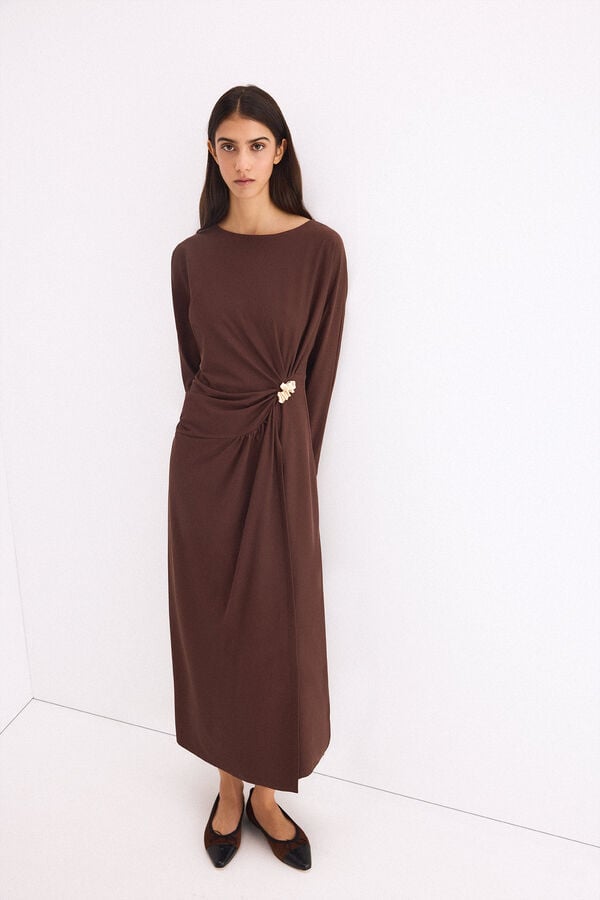 Pedro del Hierro Circular midi dress with gold brooch Brown