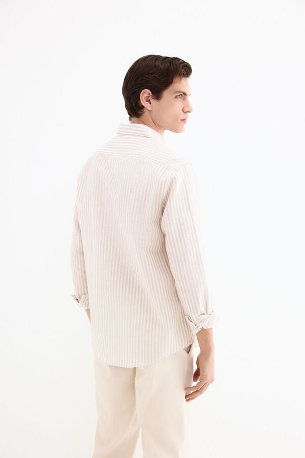 Pedro del Hierro Camisa de vestir rayas lino f&aacute;cil plancha Beige