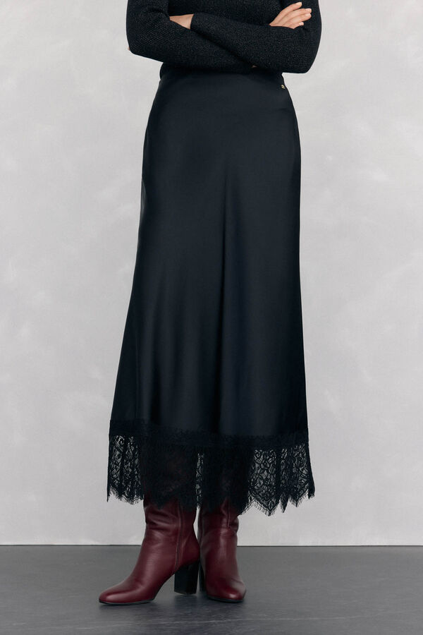 Pedro del Hierro Long satin skirt with lace detail Black