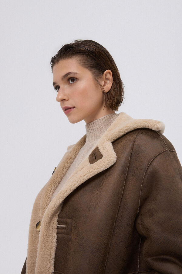 Pedro del Hierro Long reversible faux shearling coat Beige