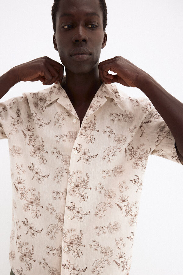 Pedro del Hierro Printed short sleeve linen cotton shirt Beige