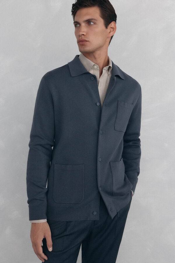 Pedro del Hierro Cotton jersey-knit cardigan polo shirt neck buttons Grey