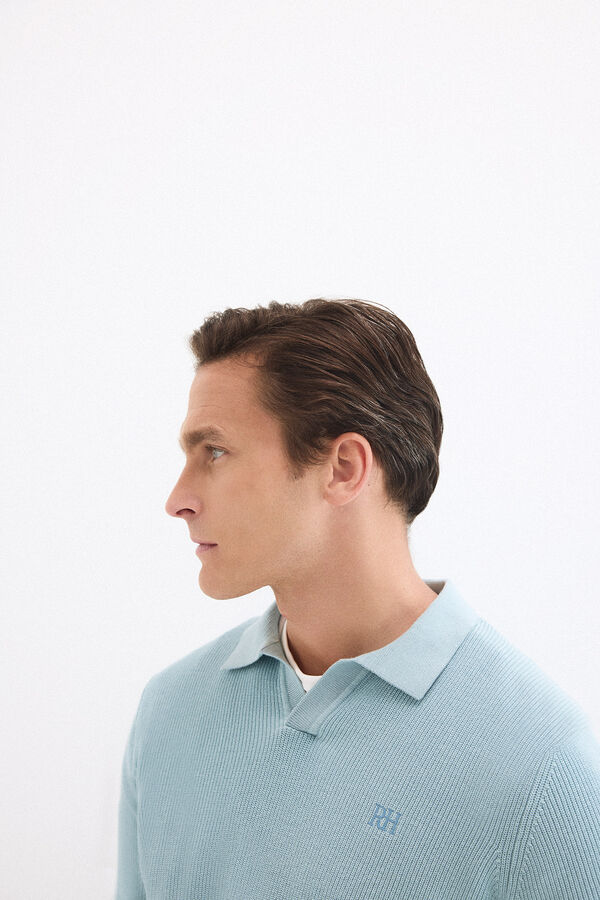 Pedro del Hierro Cotton ribbed long sleeve polo jumper Blue