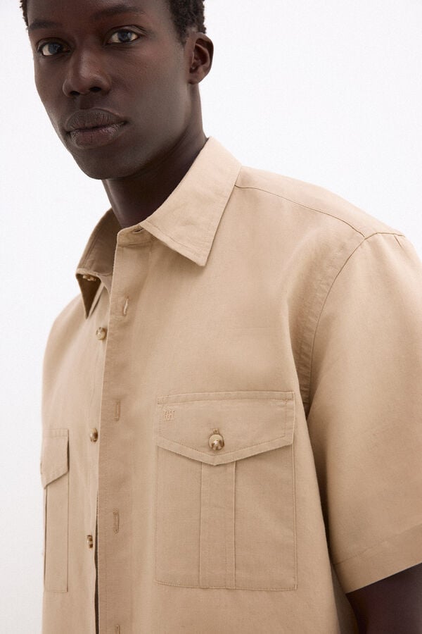 Pedro del Hierro Linen short sleeve pocket shirt Beige