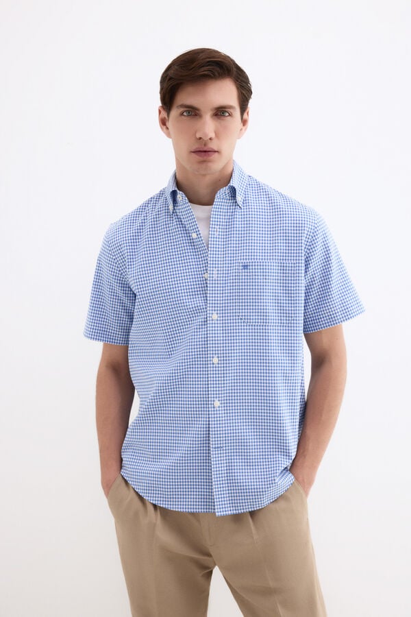 Pedro del Hierro Non iron plaid short sleeve shirt Blue