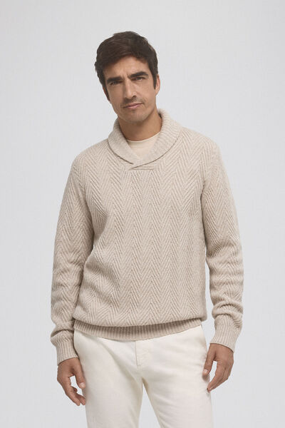 Pedro del Hierro Open neck herringbone wool sweater Ecru