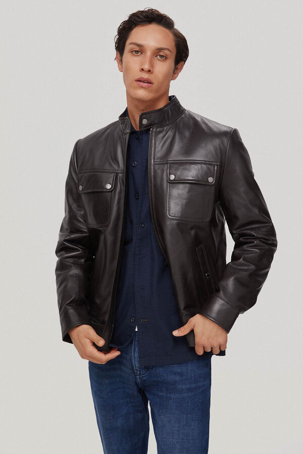 Pedro del Hierro Cazadora piel cuatro bolsillos Marr&oacute;n