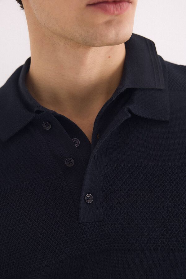 Pedro del Hierro Cotton long sleeve textured polo jumper Blue