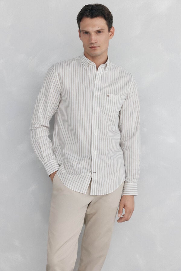 Pedro del Hierro Non iron oxford striped shirt Beige