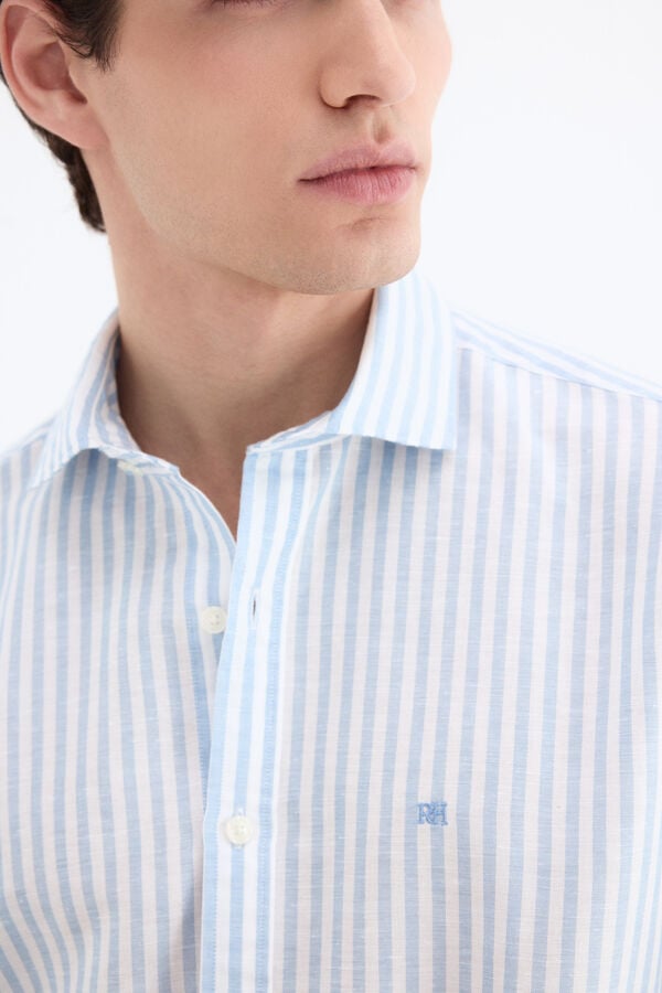 Pedro del Hierro Linen striped easy-iron dress shirt Blue