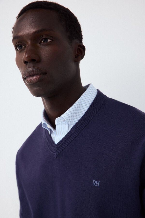 Pedro del Hierro Premium cotton fine knit V-neck jumper Blue