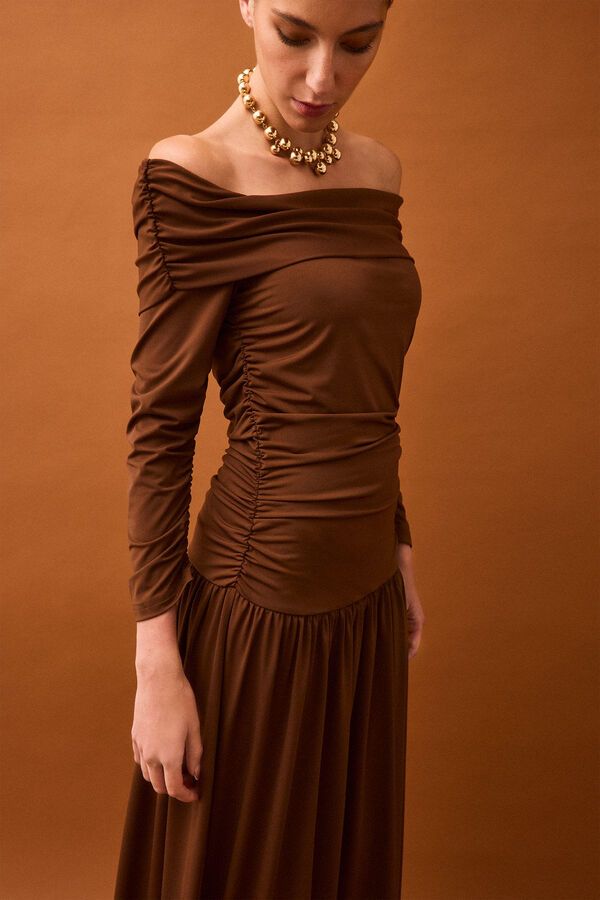 Pedro del Hierro Draped shoulder detail dress Brown