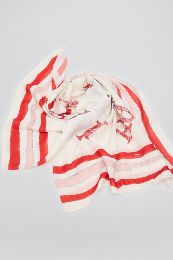 Pedro del Hierro Shawl with multi-logo prints and ecru and pink striped border Several