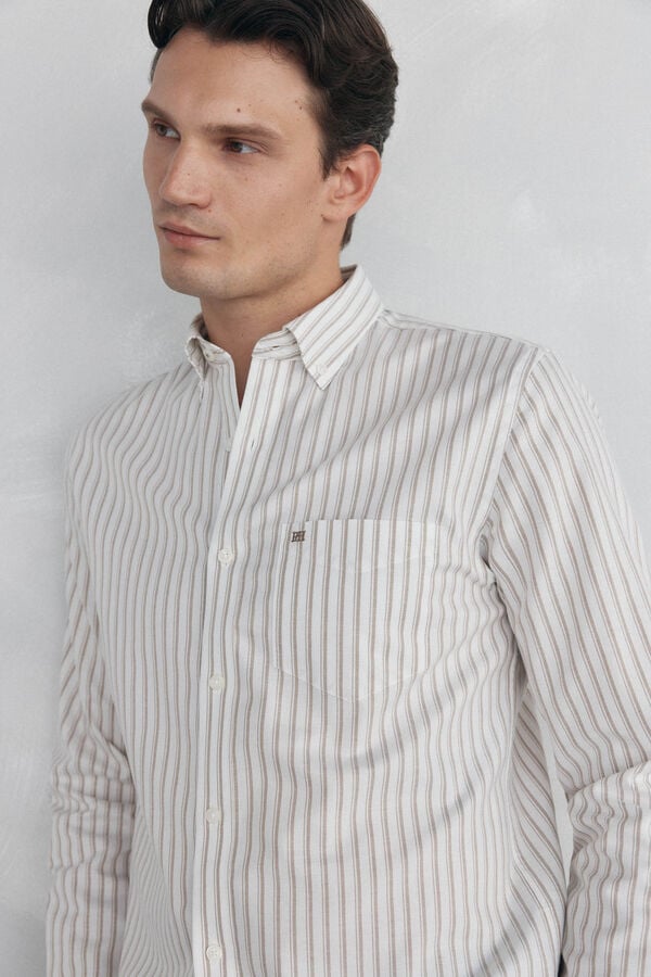 Pedro del Hierro Non iron oxford striped shirt Beige