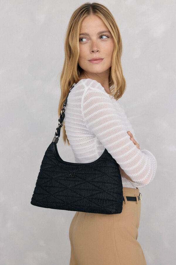 Pedro del Hierro Quilted hobo bag with leather handle and chain Grey