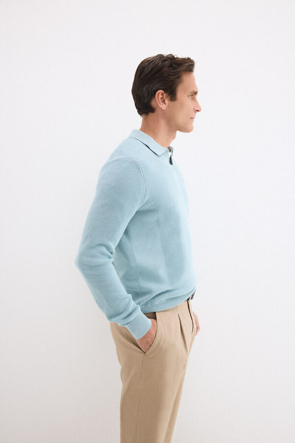 Pedro del Hierro Cotton ribbed long sleeve polo jumper Blue