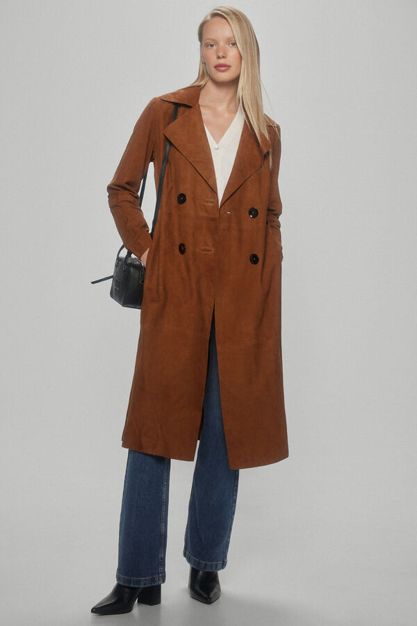 Pedro del Hierro Long suede buttoned trench coat Beige