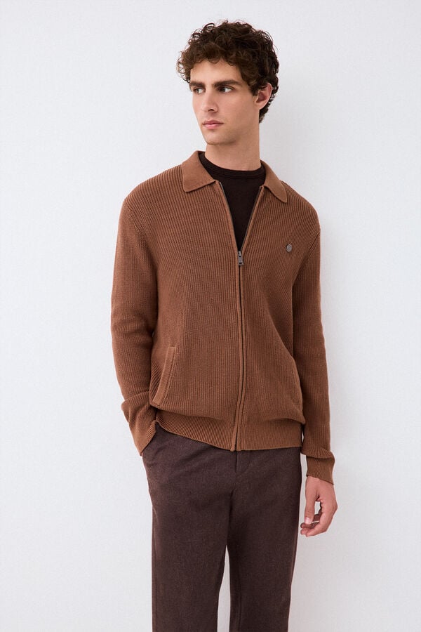 Pedro del Hierro Polo neck knit structure cardigan with zip fastening Brown
