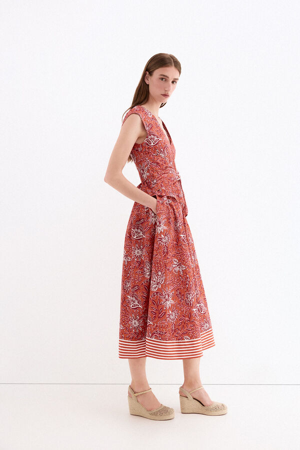 Pedro del Hierro Vestido estampado detalle lazo en cintura Beige