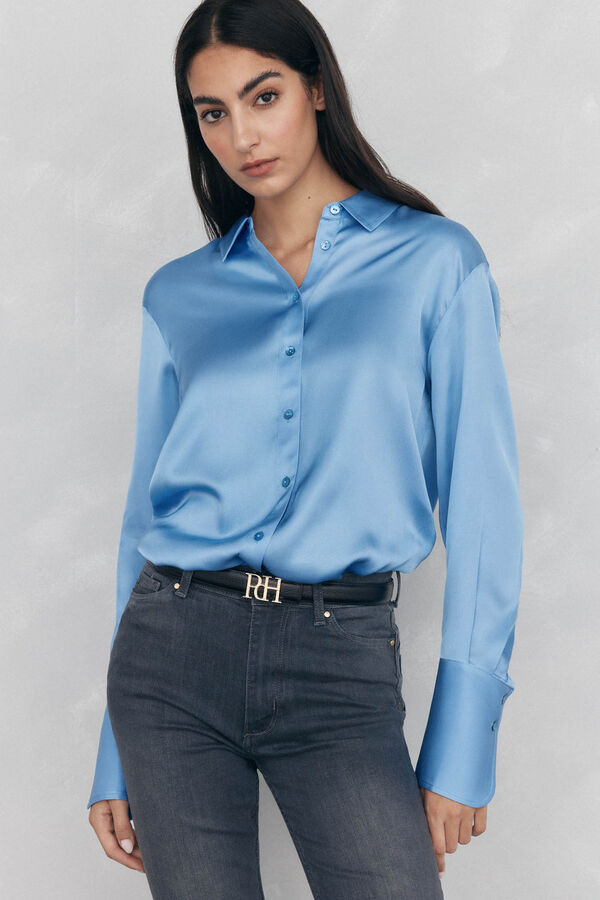 Pedro del Hierro Plain satin shirt Blue