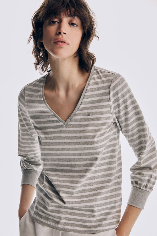 Pedro del Hierro Striped logo long-sleeved V-neck T-shirt Pink