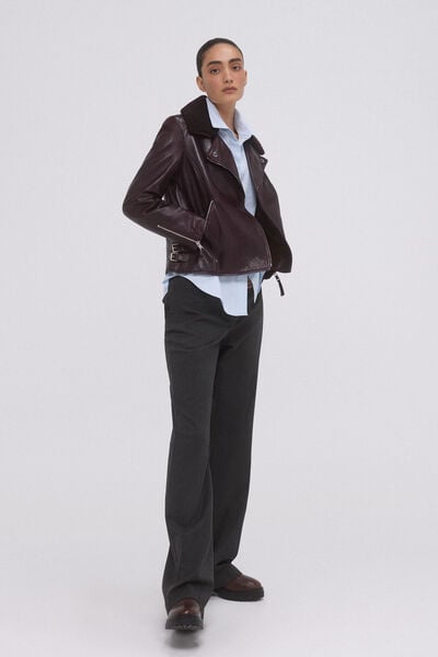 Pedro del Hierro Plum Perfecto Jacket with Fur Collars Burgundy