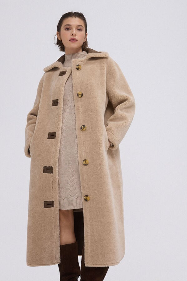 Pedro del Hierro Long reversible faux shearling coat Beige