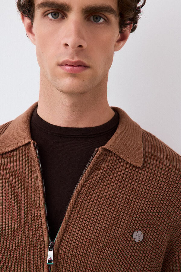 Pedro del Hierro Polo neck knit structure cardigan with zip fastening Brown