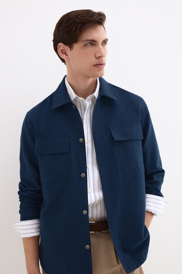 Pedro del Hierro Cotton linen plain overshirt Blue
