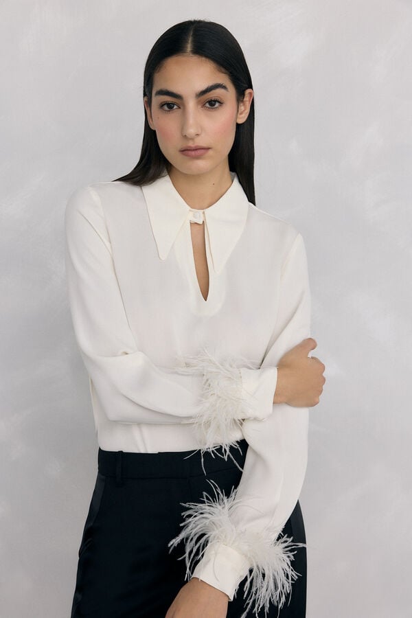 Pedro del Hierro Blusa plumas puño Blanco