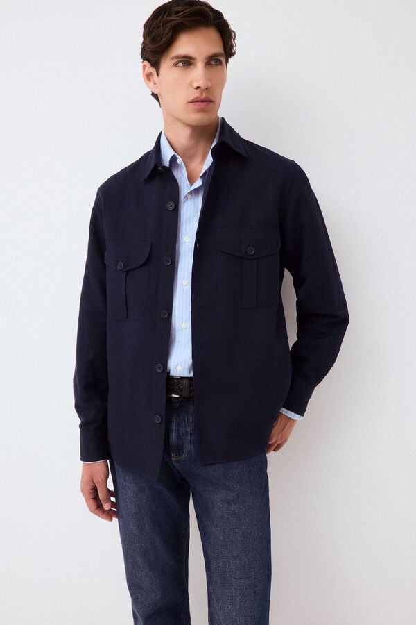 Pedro del Hierro Plain tencel linen overshirt Blue
