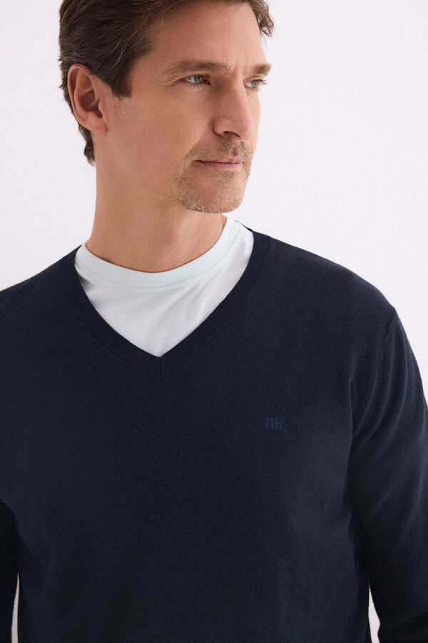 Pedro del Hierro Linen fine V-neck jumper Blue