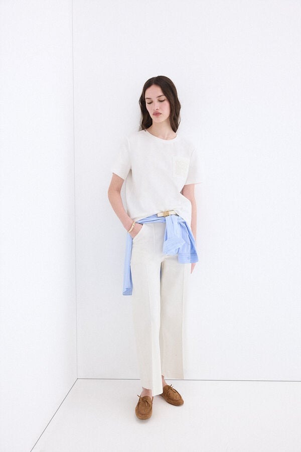 Pedro del Hierro T-shirt de manga curta com bolso e logo bordado Ecru